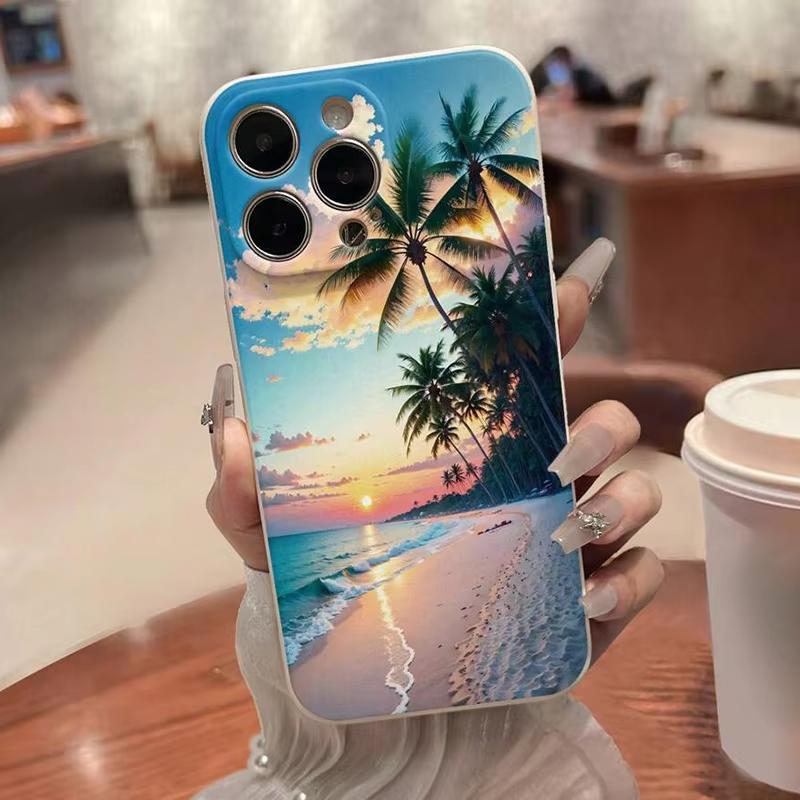 Beach Sunset Palm Tree Painted Soft Phone Case For iPhone 16E 15 16 14 13 12 11 Pro Max XS XR Max 7 8 16 Plus Shockproof Cover