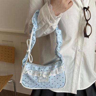 Drawstring Polka Dot Shoulder Bag Stretchable Strap French Stick Handbag  Office