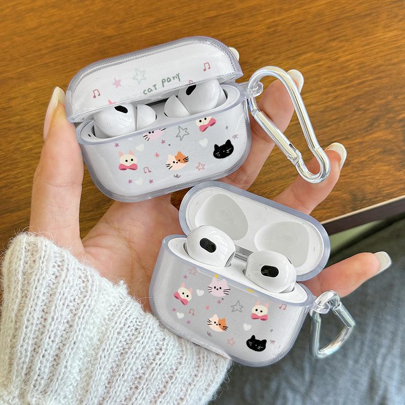 Cute Cartoon Cat Pattern Earphone Case for AirPods Pro3/Pro2/Pro Protective Case for AirPods 4/3/2/1 Transparent TPU Soft Cover