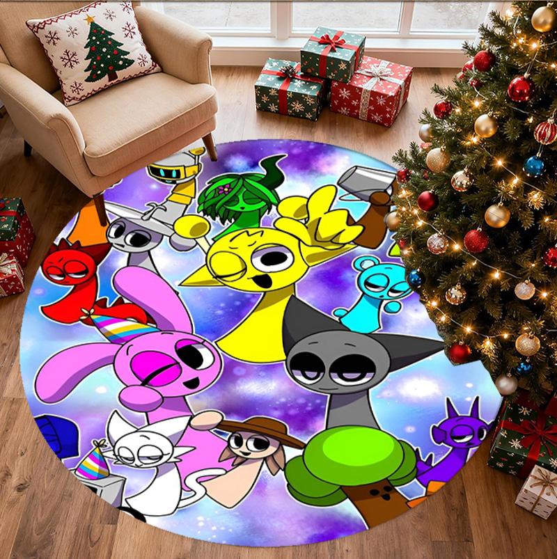 Sprunki Game Pattern Round Rug, Indoor/Outdoor Mat, for Picnic, Gameroom, Bedroom, Office, Living Room, Home Decor Carpet, Birthday Gift