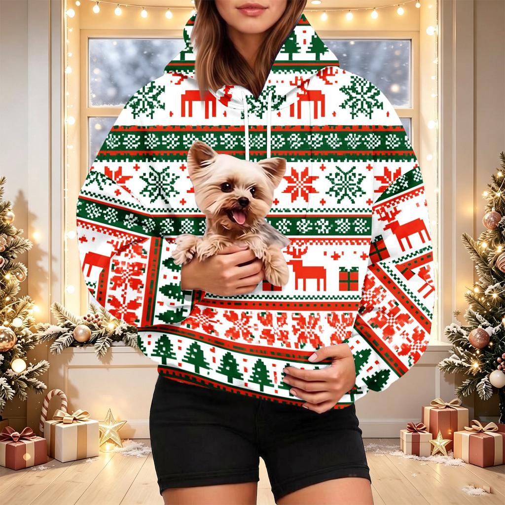 Damen Christmas Print Kapuzenpullover mit Haustier-Tasche Langarm Lässiger Pullover für die Feiertage