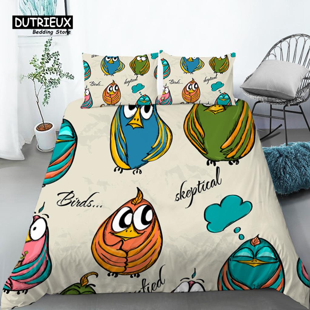 Bettwäscheset für Kleinkinder mit Cartoon-Tieren, Doppelbettgröße, für Kinder, Mädchen, Jungen, Zimmerdekoration, Vögel, Löwen, Fische, Druck, Bettbezug mit Kissenbezügen