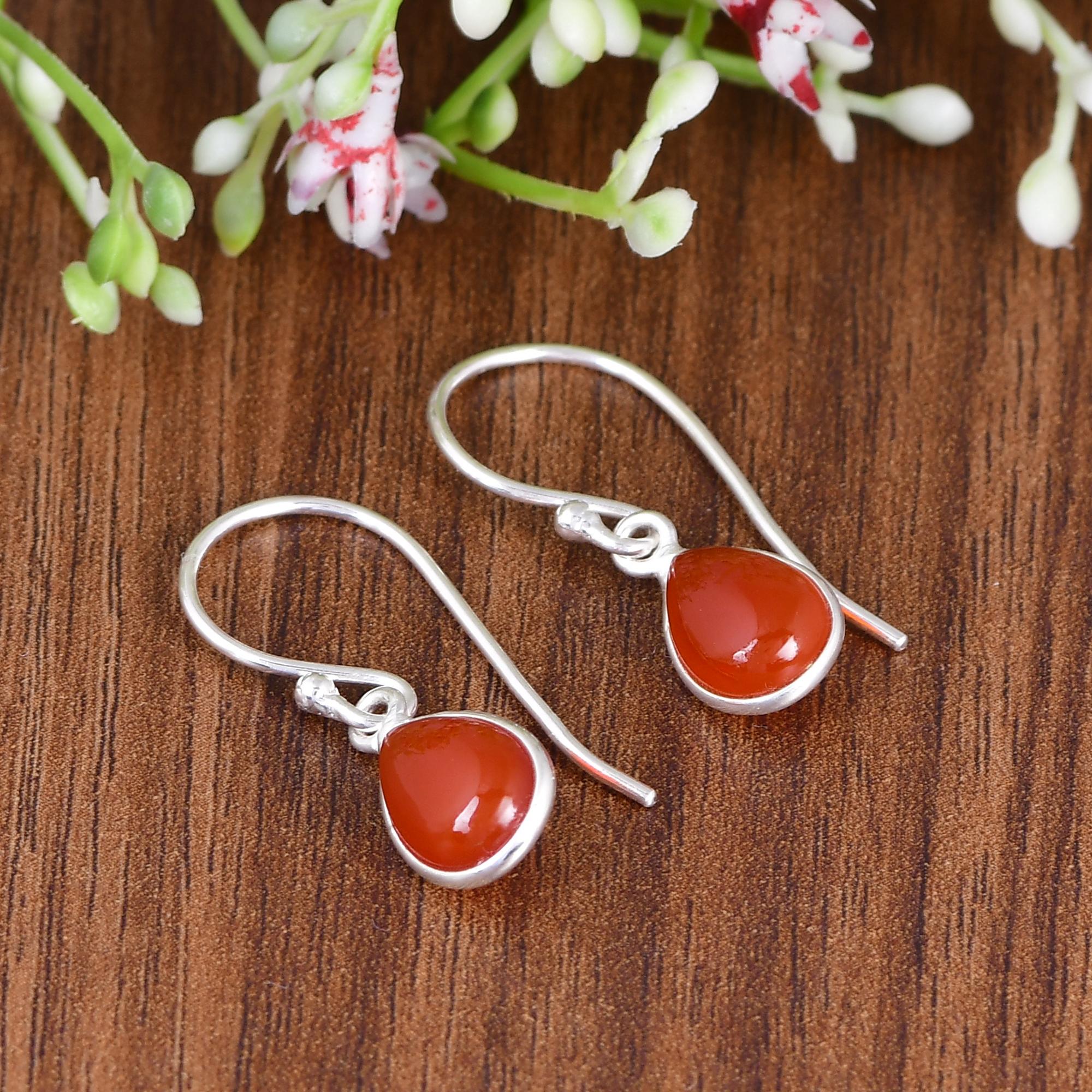 Natural Red Onyx Hoop Earrings | 925 Sterling Silver Pear Drop Earrings | Gemstone Dangle Earrings | Handmade Gift for Her