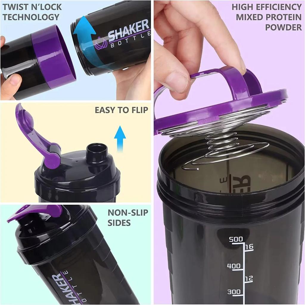 Shaker de 3 Camadas Garrafa Shaker para Pó de Proteína com Bola de Aço Copo Misturador de Plástico Academia Fitness Esporte Copo para Shakes de Whey Garrafa para Exercício