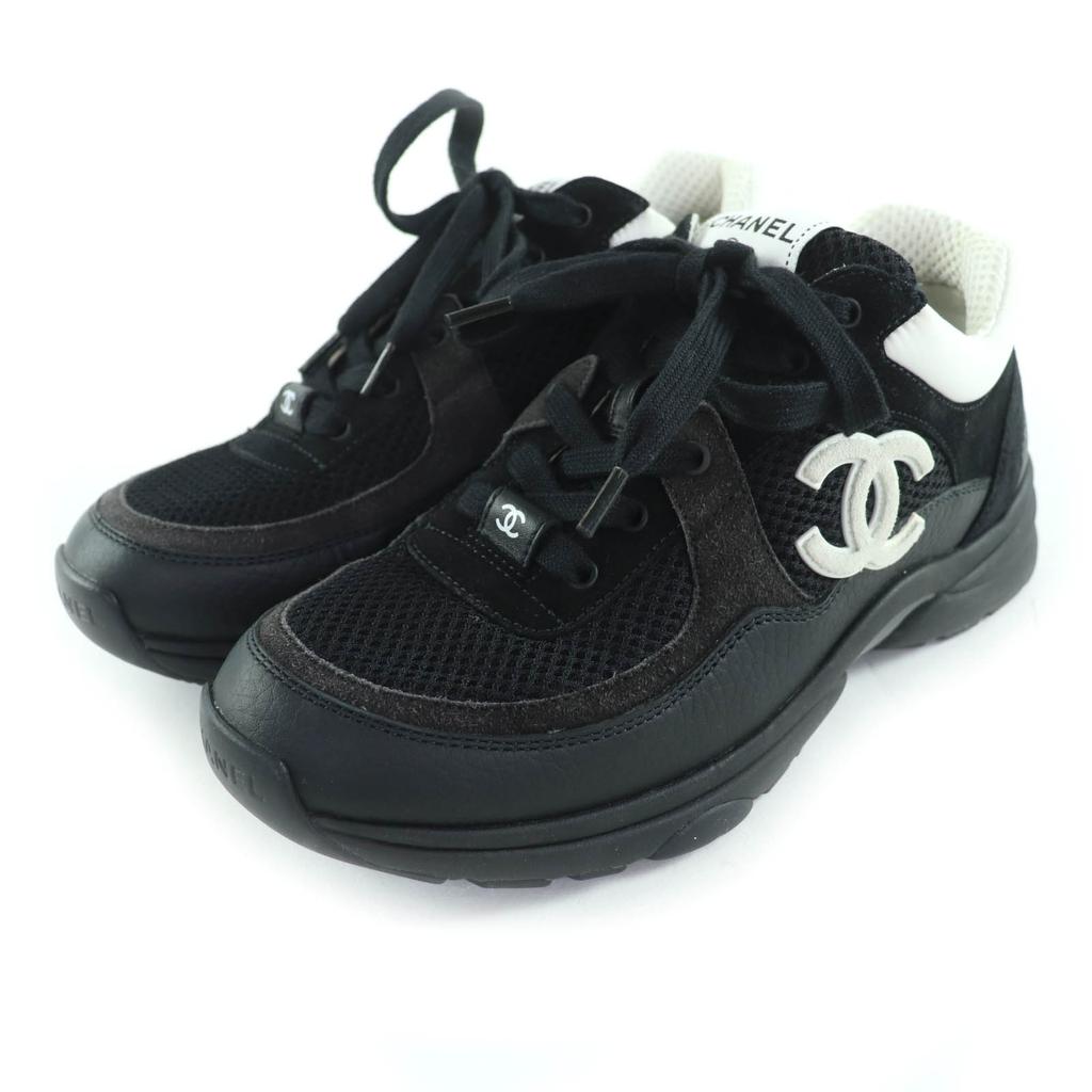 Ausgezeichnete CHANEL Sneaker Schwarz Weiß Leder Damen 37 G38299 Gebraucht