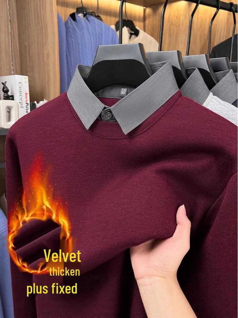 Men's Two-in-One Fleece-Lined Knit Sweater with Shirt Collar for Autumn/Winter