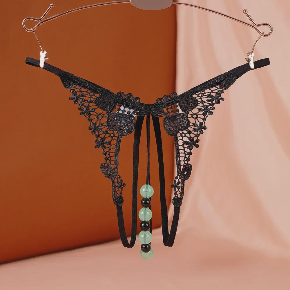 "Luminous Pearl Massage Open-Crotch Thong for Women: Sexy Nightclub Underwear"