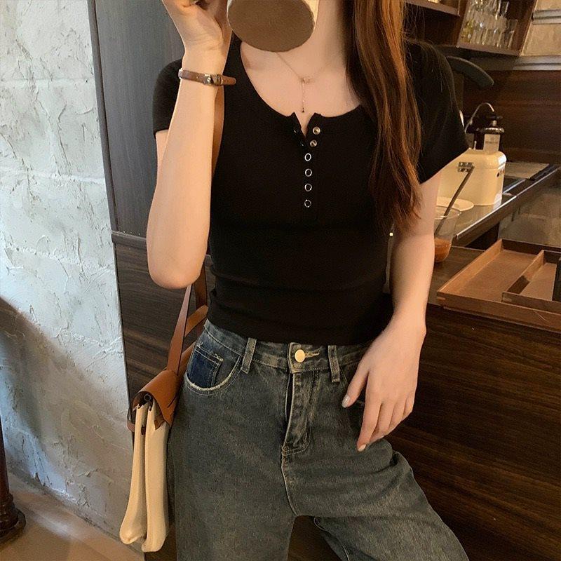 Plus Size Sweet French U-Neck Short Sleeve T-Shirt - American Style Slimming Button Top