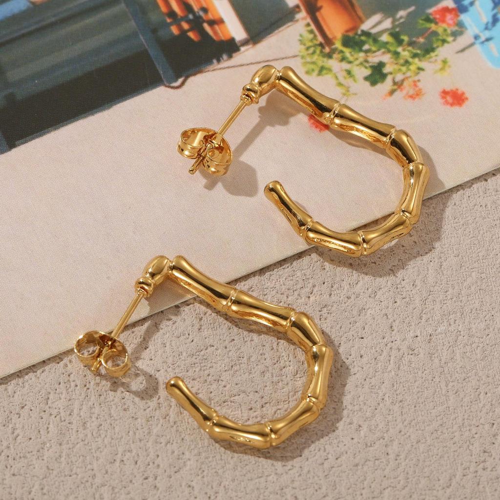 304 Stainless Steel Bamboo Texture C-Shape Hoop Earrings for Women