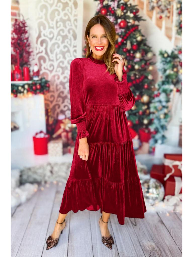 Plus Size V-Neck Velvet Ruffle Dress - European/American Style, Full Skirt, Multi-Layer, Loose Fit (2025)