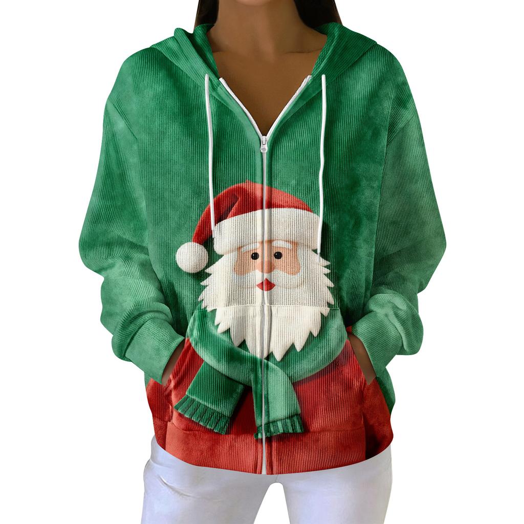 Dámská ležérní módní pletená mikina s kapucí na zip s dlouhým rukávem a vánočním potiskem