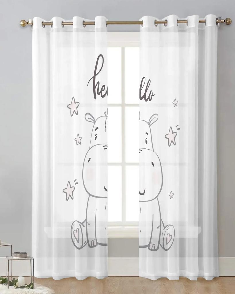 Kawaii Gwiazdki Hipopotam Dziecko Słodkie Zwierzę Biały Tiul Przezroczyste Zasłony do Dekoracji Salonu Sypialni Zasłona Okienna Woal Organza Draperie