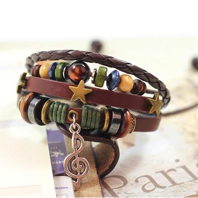 New Euro-American Fashion Musical Note Pendant Bracelet Multi-Layer Beaded Star Bracelet with Vintage Leather Bracelet
