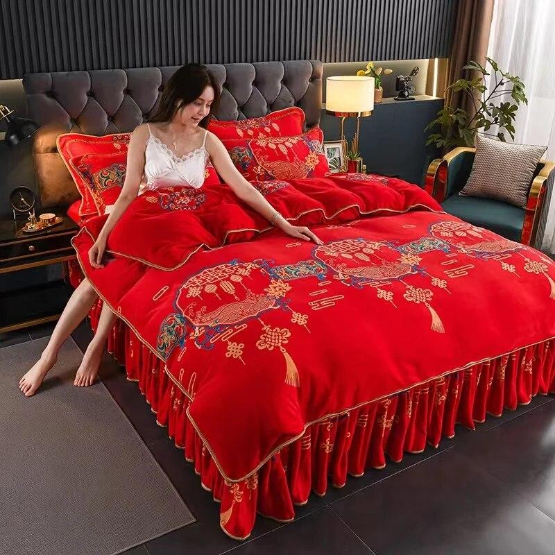 4pcs Bedding Set Fine Velvet Duvet Cover King Queen Size Thicken Quick Warm Coral Fleece Quilt Cover Bed Sheet Pillowcase