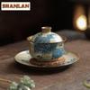 110ml Hand-painted Blue Cloth Floral Patchwork Gaiwan Retro Tea Tureen Tea Bowl With Lid Kit Tea Maker Cover Bowl Tea Items Gift