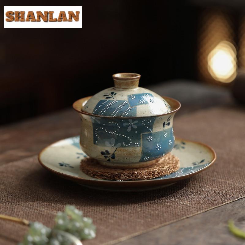 110ml Hand-painted Blue Cloth Floral Patchwork Gaiwan Retro Tea Tureen Tea Bowl With Lid Kit Tea Maker Cover Bowl Tea Items Gift