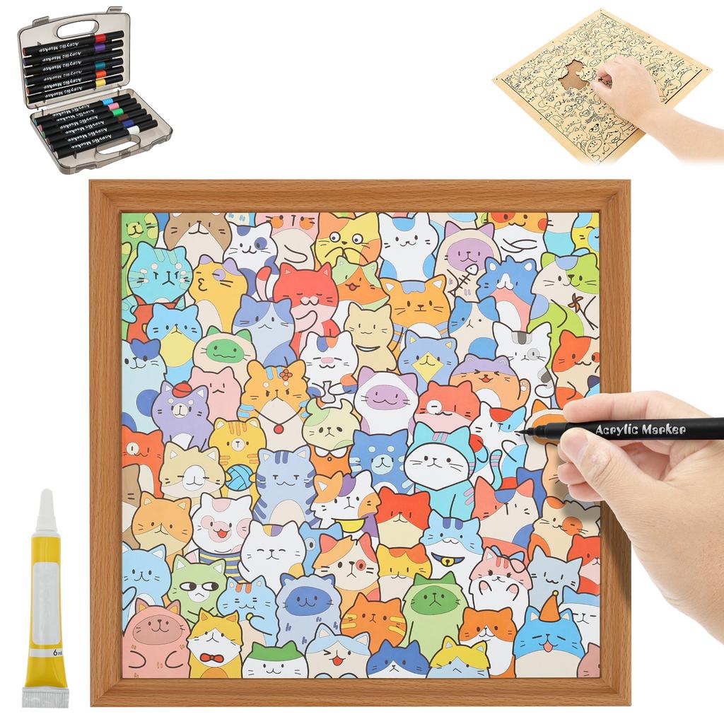 DIY Wooden Cat Puzzle Frame Hand-Painted Cat Coloring Puzzle Art Frame Creative Craft Gift Kid Educational Toys Home Decoration
