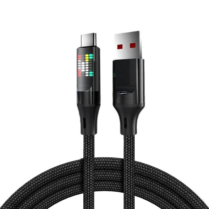 111W Cable 6A Super Fast Charging USB-A To Type-C Nylon Data Cord With Colorful LED Display USB C Cable For Xiaomi Samsung 1Pcs