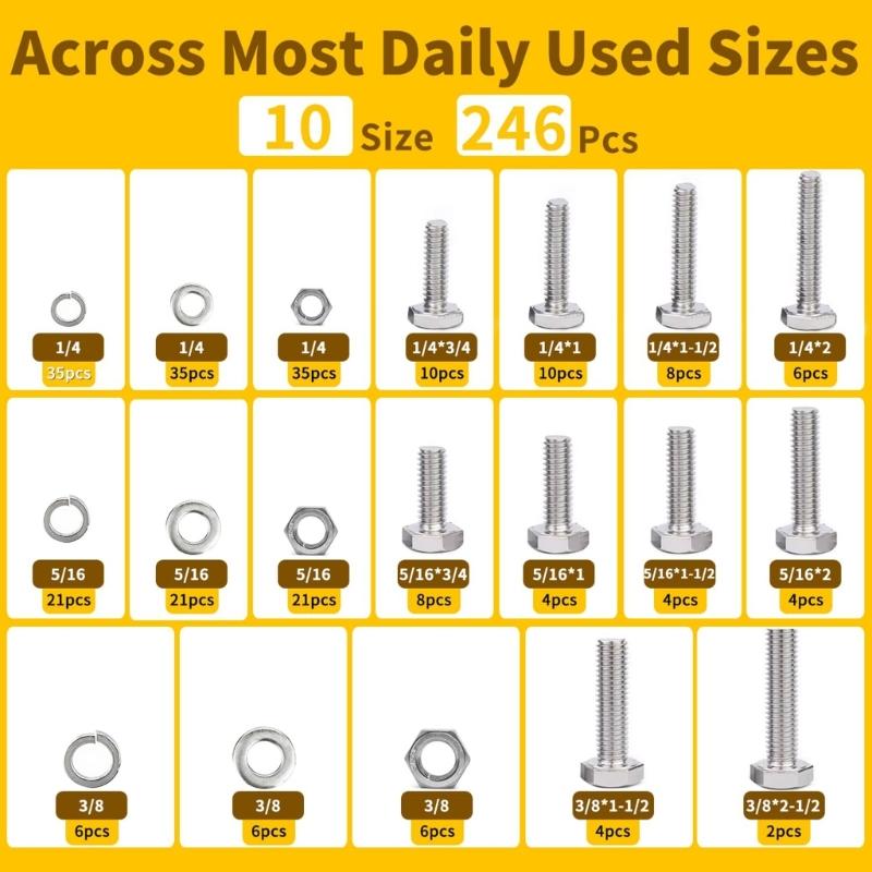 246PCS Hex Bolts Nuts Washers in Organized Storage Box Assembly Set Upgrades for Easy Access & Diverse Repair Needs