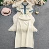 European and American Women's Clothing Summer New Denim Splicing Knitted Long Dress Tight Short-sleeved Waist and Thin Dress
