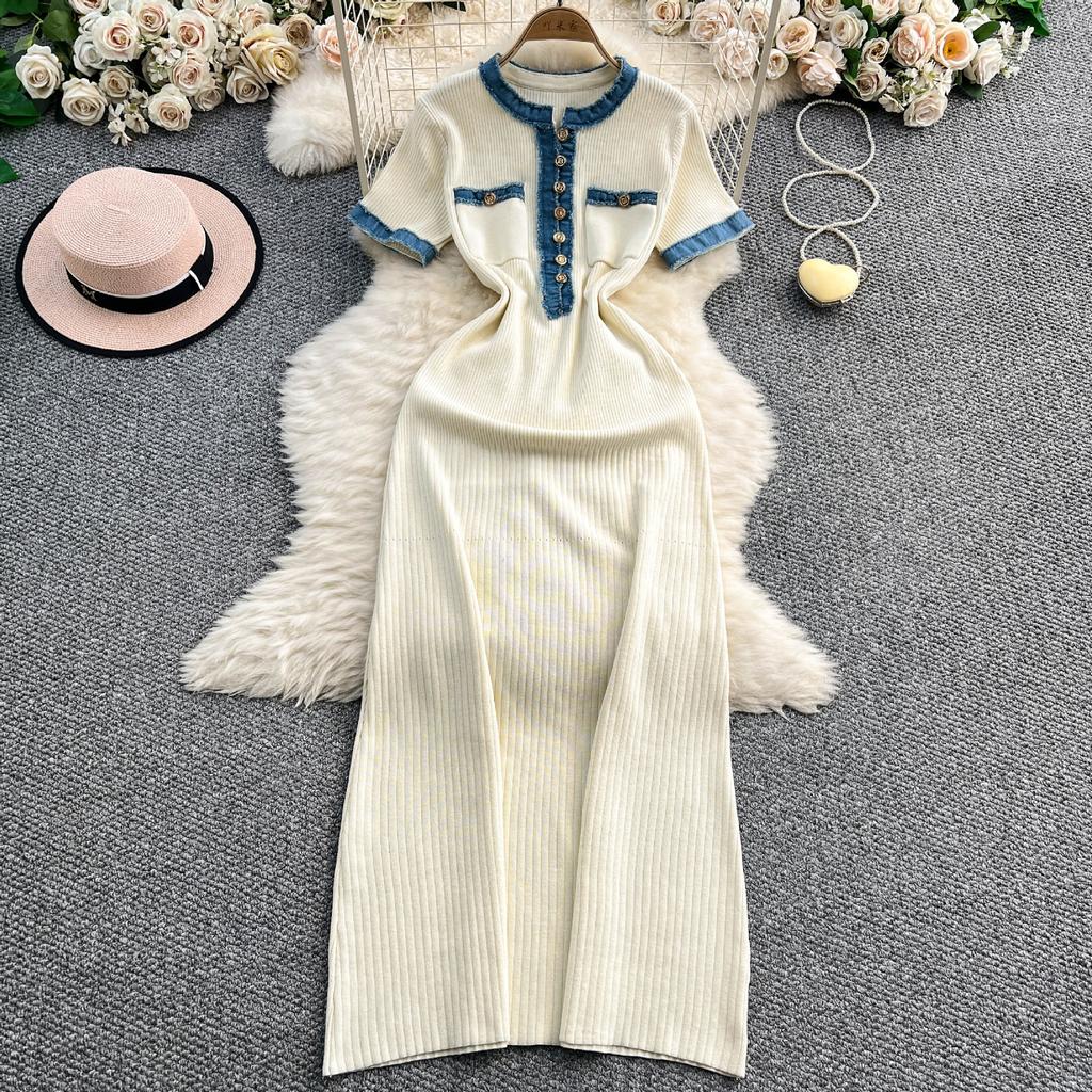 European and American Women's Clothing Summer New Denim Splicing Knitted Long Dress Tight Short-sleeved Waist and Thin Dress