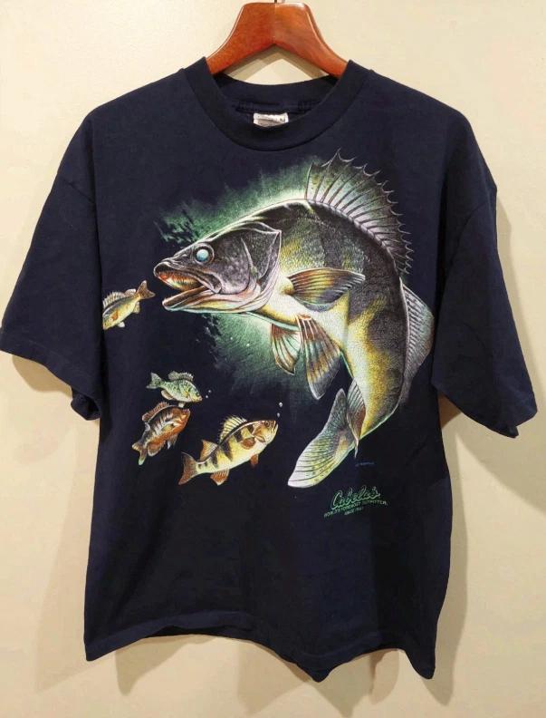 Vintage 90s Cabela Walleye Fish T-Shirt S-3XL Blue Al Agnew Graphic Fishing Tee S