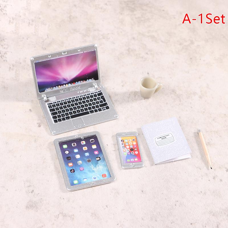 1:12 Dollhouse Miniature Laptop Phone Tablet Desk Lamp Book Desk Set Decor Toy
