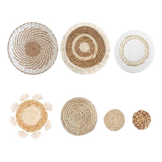 7/9Pcs/Set Boho Wall Basket Decoration Handmade Woven Round Flat Wall Hanging Decor Bohemian Decorative Rustic Rattan Seagrass Wicker Wall Art