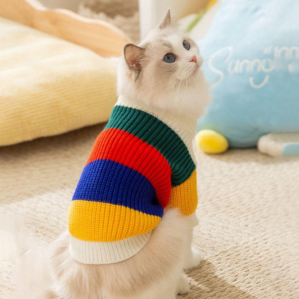 Pogrubiony Pasiasty Sweter dla Szczeniaka Kolorowy Sweter Dzianinowy dla Psa Styl Ins Sweter Tęczowy dla Zwierzaka Zima