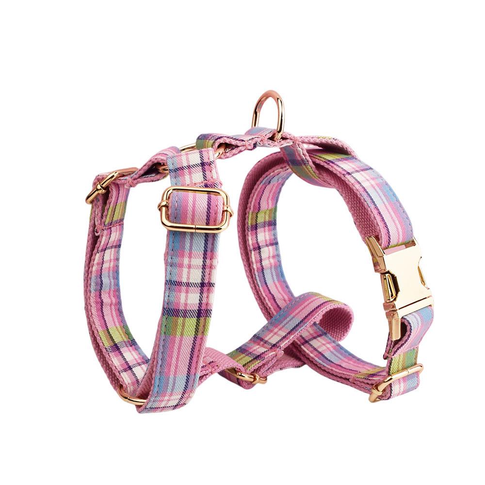 Colorful Plaid Dog Collar & Leash Set with Bowknot and Anti-Tangle Feature, Engravable