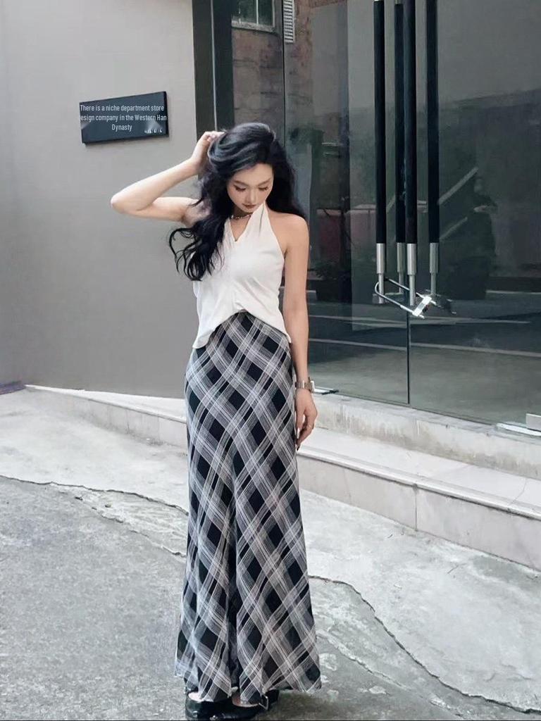 Women's Retro Blue Plaid Fishtail Skirt - Artistic Slimming Summer Style