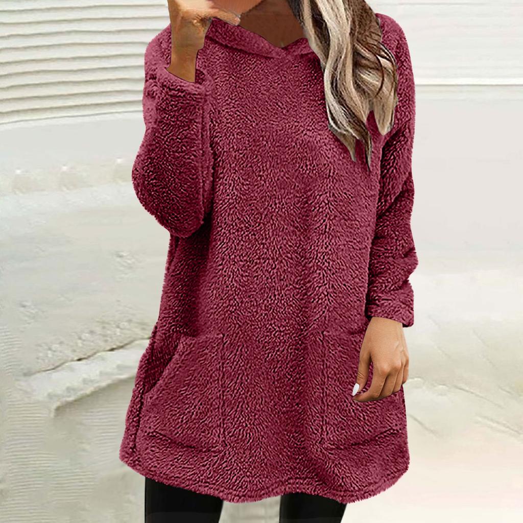 Womens Fuzzy Fleece Pullover  Double  Hoodies Ladies Warm Tops Winter Cozy Sweatshirt With Pockets