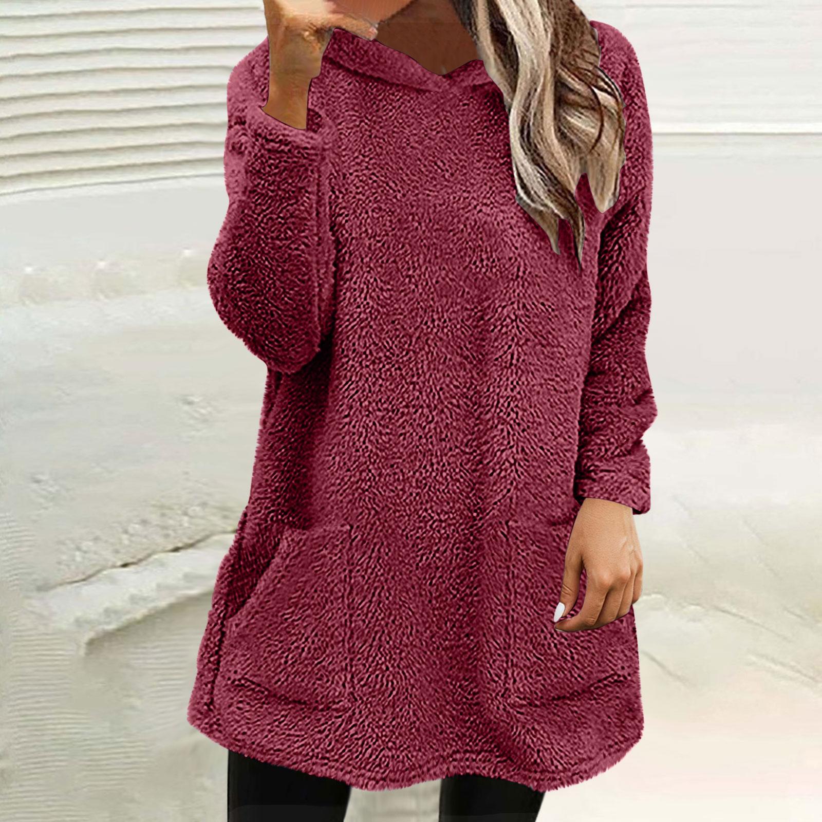 

Женский пушистый флисовый пуловер Двойные худи Женские теплые топы Зимний уютный свитшот с карманами XL винный