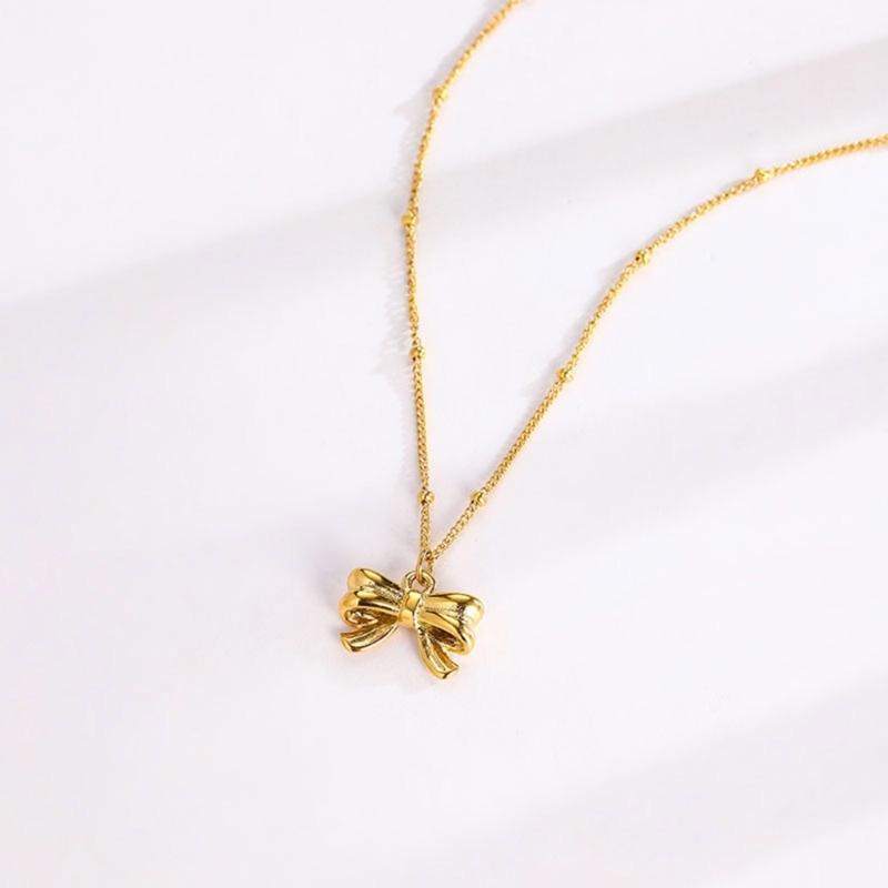 Titaniums Steel Necklace Beaded Chain Necklace Bowknot Charm Necklace Multifuntional Neck Jewelry Suitable for Daily