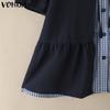 VONDA Women Girls Puff Sleeve Bow Knot Fake Two-piece Plaid Casual Blouse