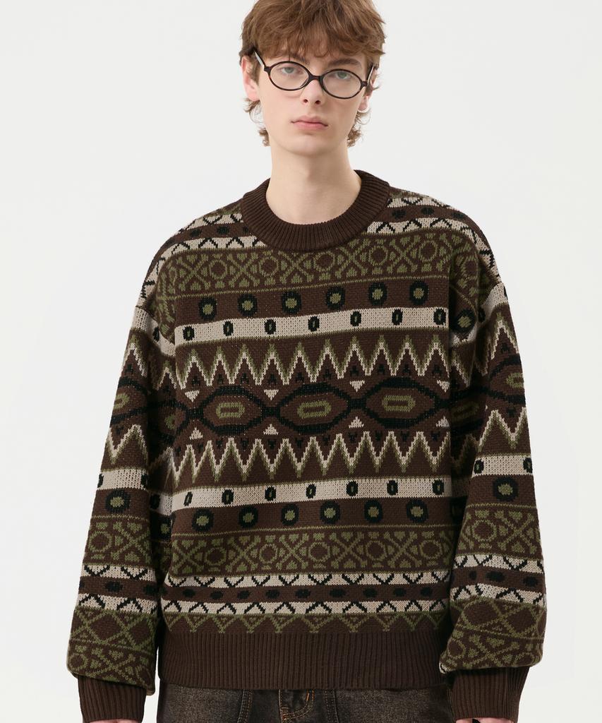 TRILLION Vintage Fair Isle Jacquard Crewneck Knit_Brown