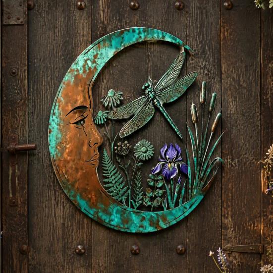 Vintage Style Porch Art Crescent Moon Wall Art, Fairy Witch Bee Dragonfly Iron Hanging Metal Decor Decor, Sculpture for Garden Patio Indoor