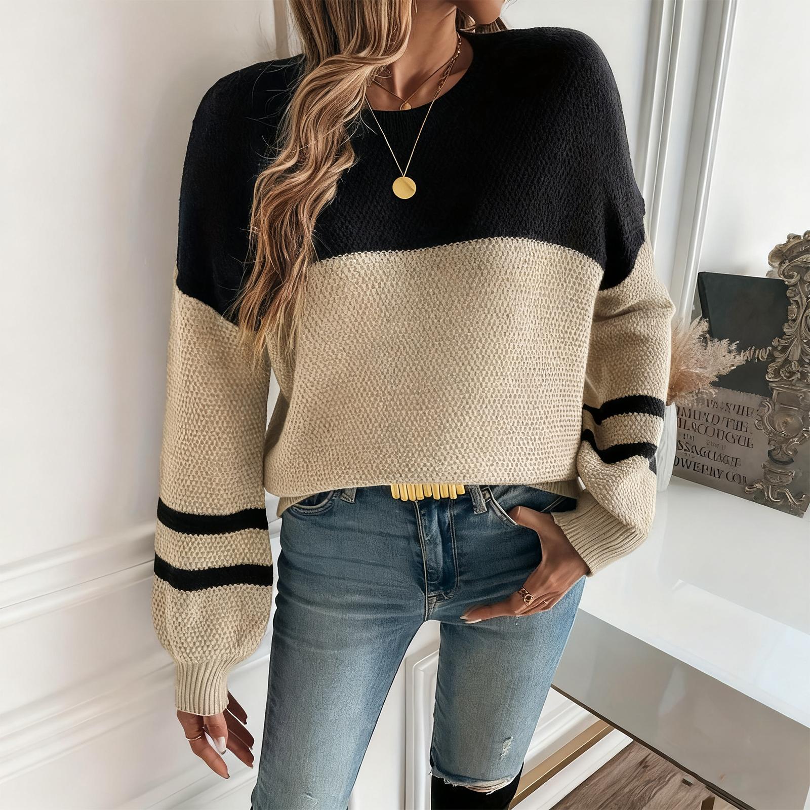 

Женский повседневный и модный вязаный свитер с круглым вырезом и длинными рукавами, с цветными блоками XL чёрный