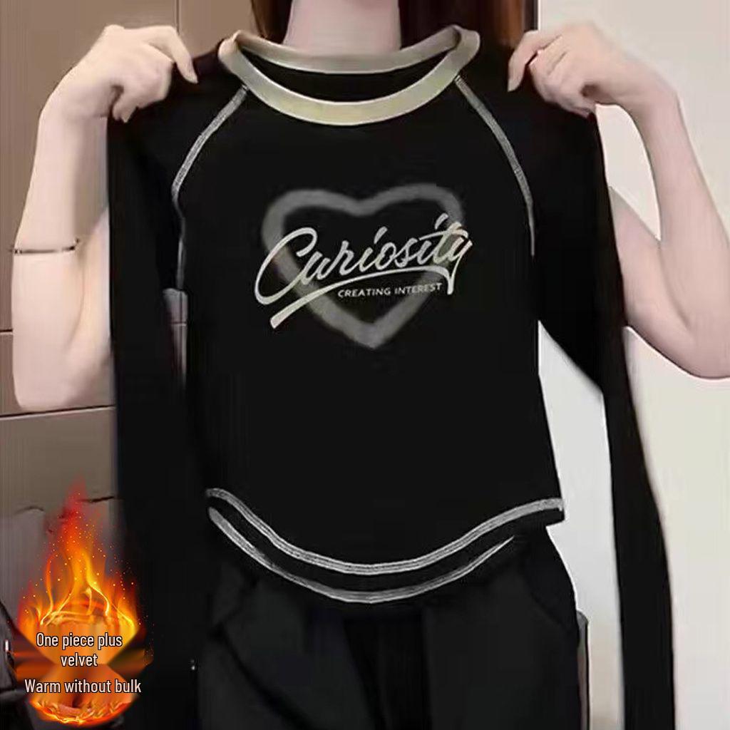 

Женская двухсторонняя бархатная футболка с длинным рукавом - 2024 Осень/Зима Шикарный Универсальный Топ S recommended for 70-100 jin