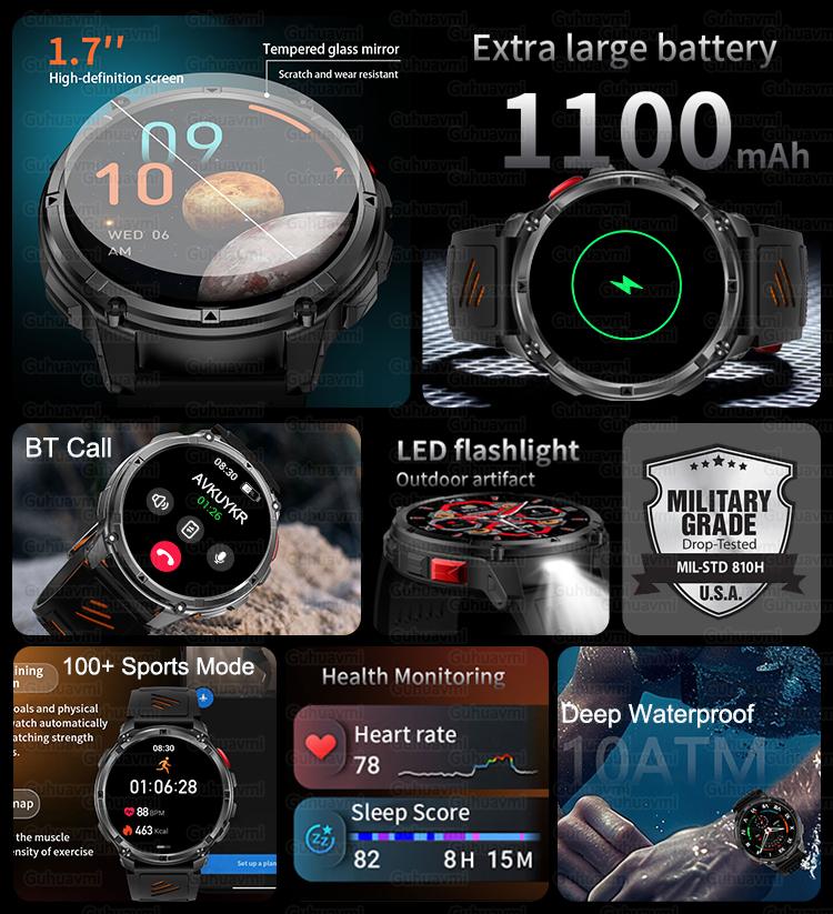 1100mAh Large Battery Durable Adult Smart Watch GPS Strong Flashlight 10ATM Waterproof BT Call Sport Smartwatch Men