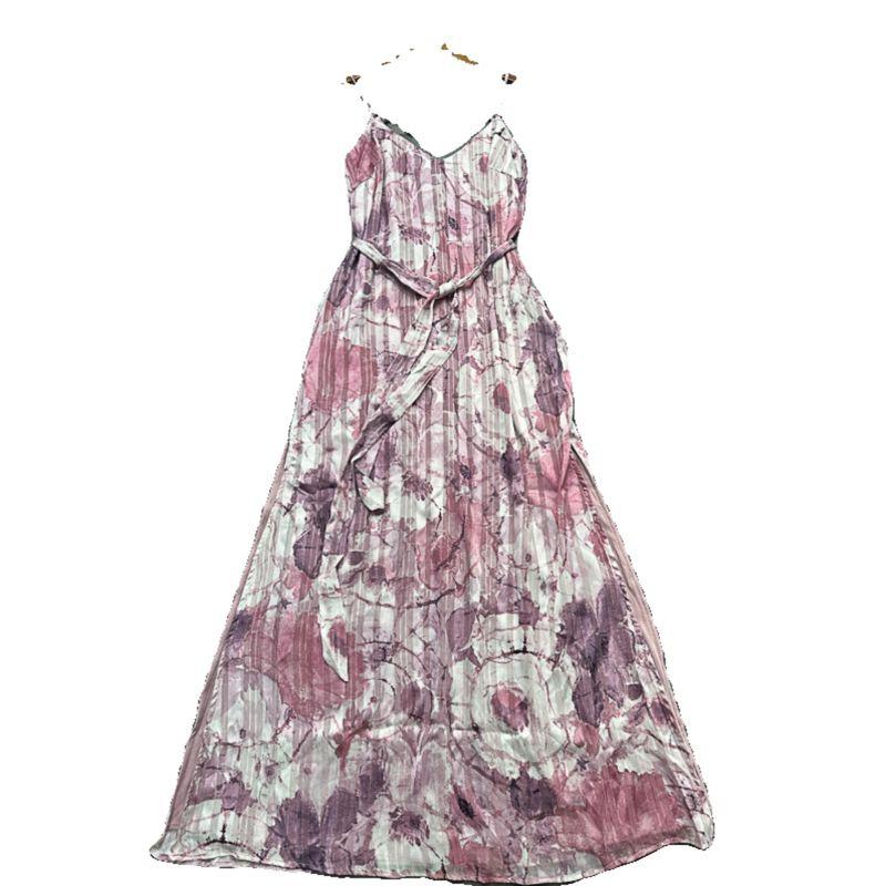 Purple Blooming Flower Sling Dress Lulu Home High-End Line V Neck Slit Hemline Vacation Dress White