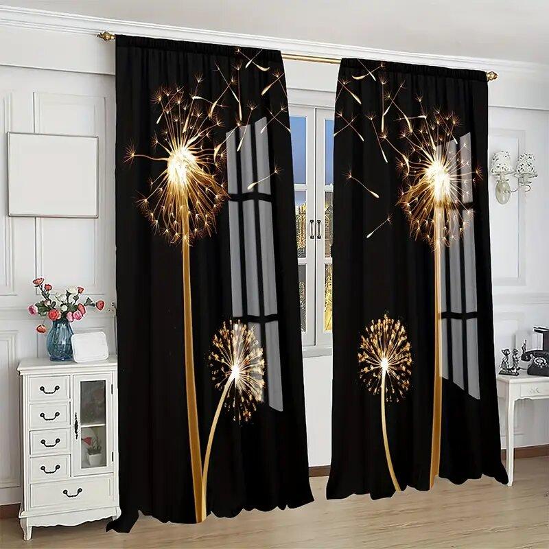Golden Dandelion Flower Pattern Printed Curtains Suitable Bedroom Living Room Home Decoration Curtain Made Of Polyester Washable Great Ready
