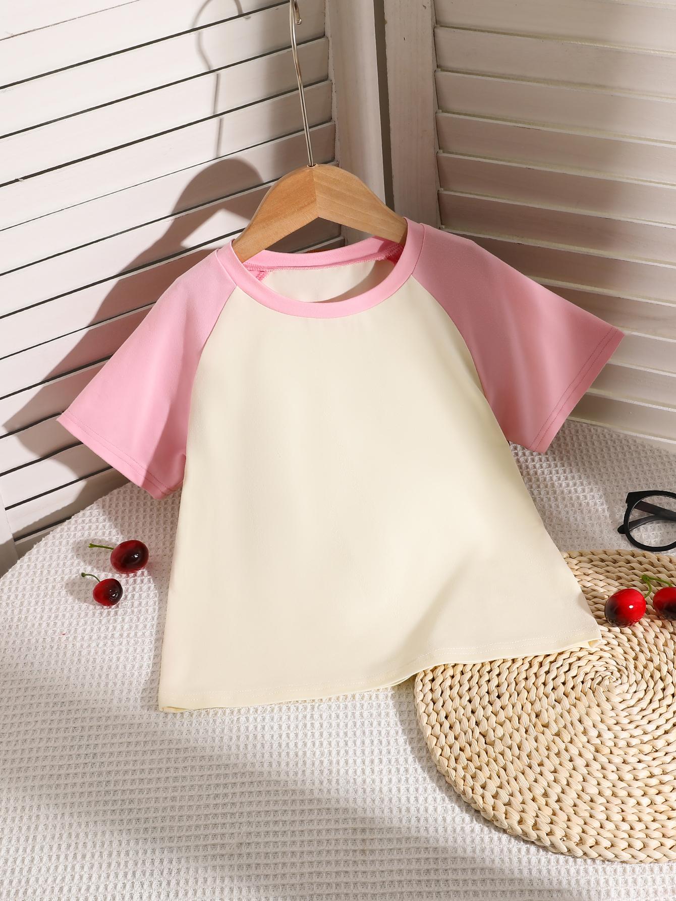 

Cute Pink Patchwork Crew Neck Short-Sleeve T-Shirt for Girls (Spring/Summer) 4Y розовый
