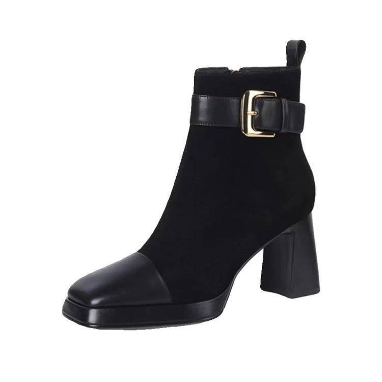 Autumn and Winter High-heeled Cow Suede Boots Women Square Head Side Zipper Buckle Belt Buckle Skinny Boots Chunky Heel Short Boots