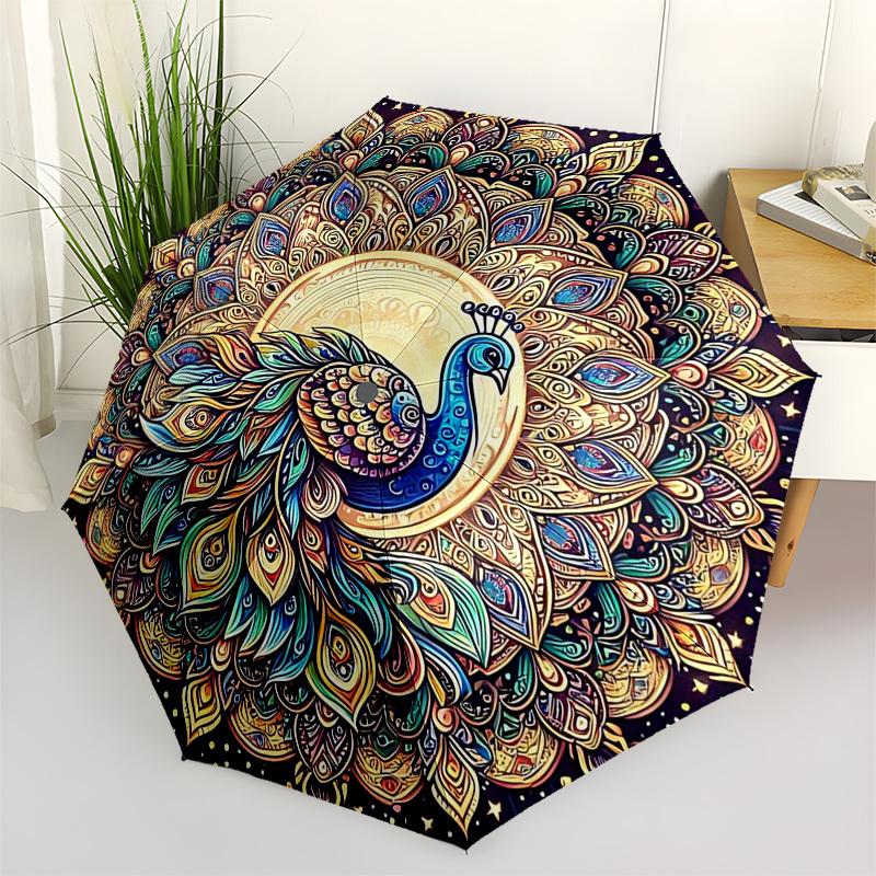 1pc Mandala Peacock Design Automatic Folding Umbrella - Portable 3-Fold Design, 8-Bone Iron Frame Outdoor Umbrella, Festival Gift for Fans, Travelers,