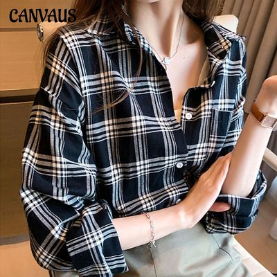 Camiseta de primavera y otoño para mujer, camisa de manga larga con solapa holgada y versátil con estampado a cuadros Retro, blusa para mujer