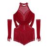 Jenter Latin Dansedrakt Rynket Mesh Design Utringning Dusker Glimrende Rhinestones Leotard med Matchende Hansker