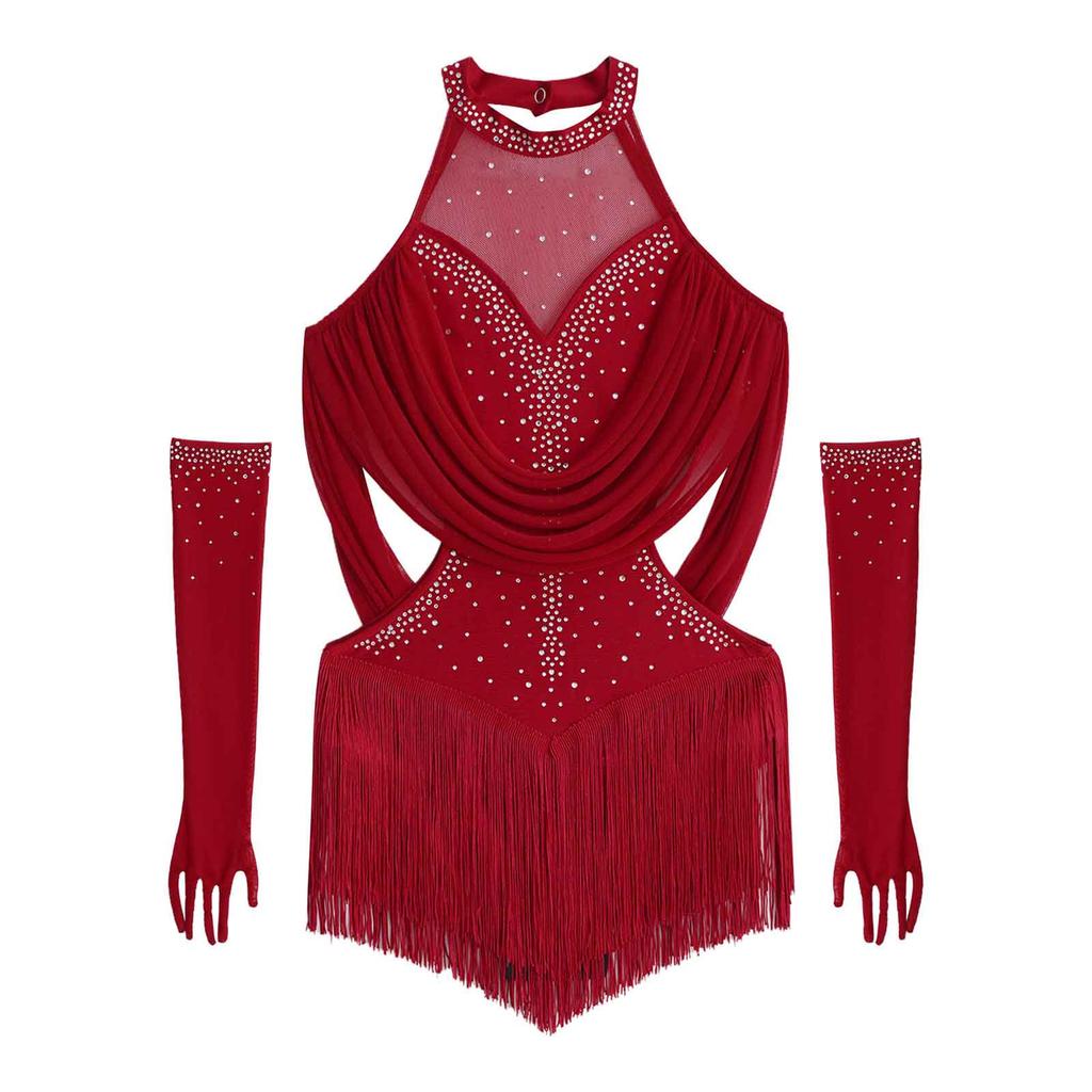 Jenter Latin Dansedrakt Rynket Mesh Design Utringning Dusker Glimrende Rhinestones Leotard med Matchende Hansker