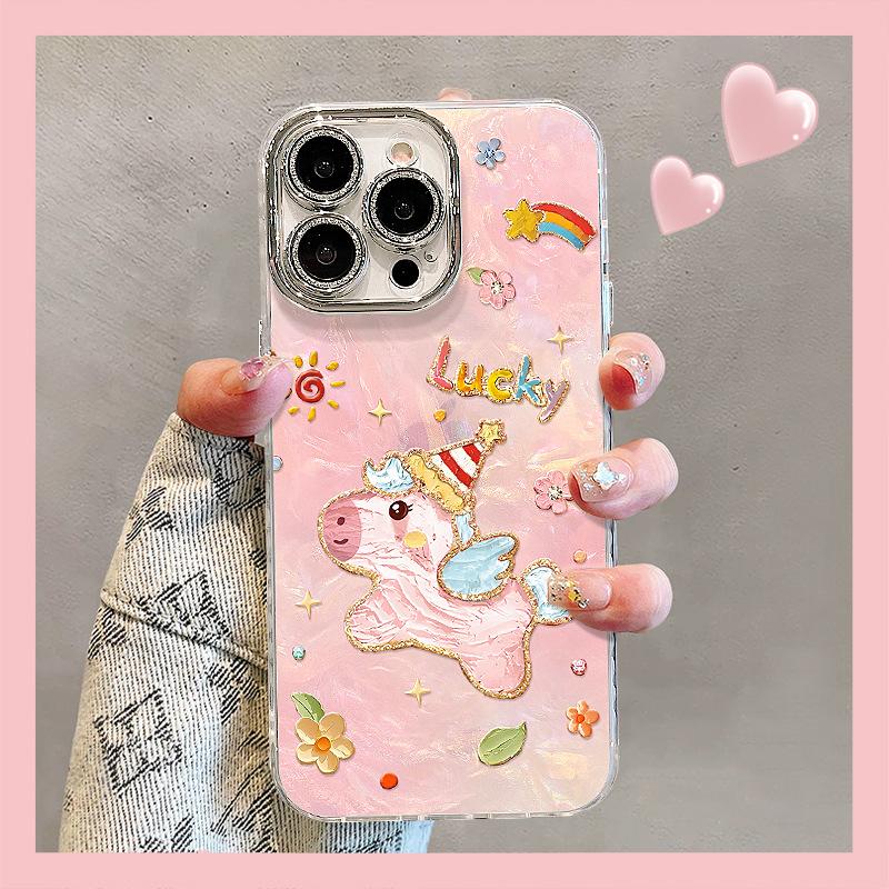 Applicable to Apple 17promax mobile phone case new women's 16 oil painting pony bracelet mate80 high value 15 cute