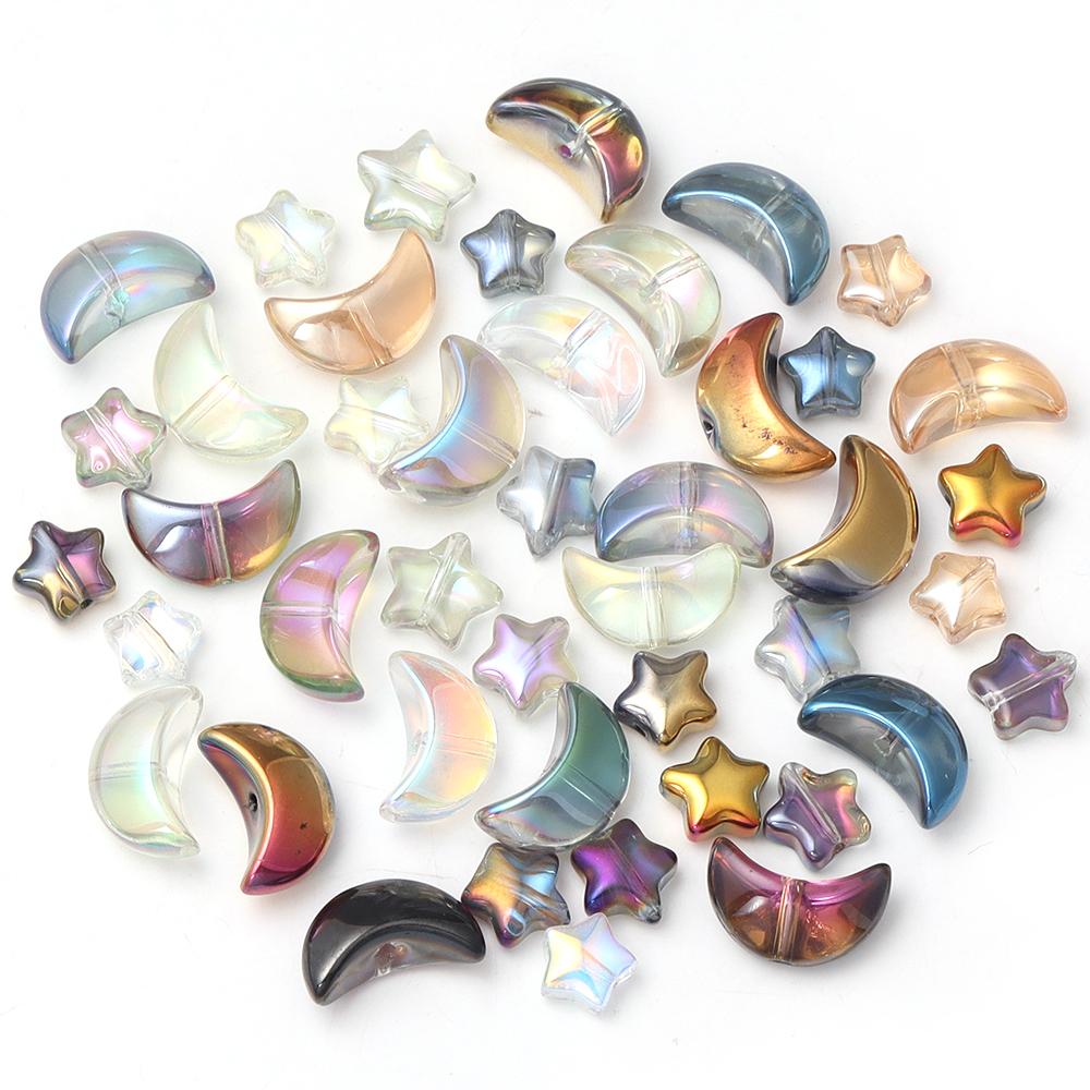 50Pcs Colored Crystal Glass Beads Mixed Star Moon Loose Pendant Beads For DIY Crafts Jewelry Handmade Earring Necklace Accessory
